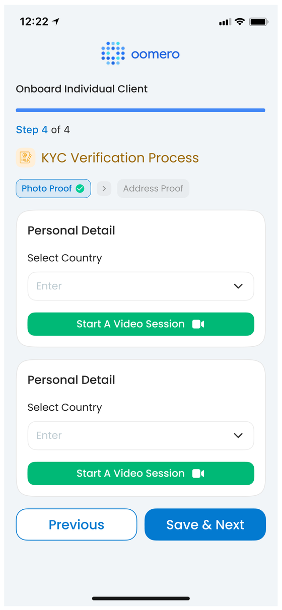 Oomero app, step 4 of 4: KYC verification, with a button to start a video session.